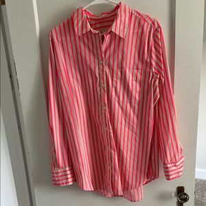 Oversized Neon Pink & White Collared Button Down Shirt - Size Large
